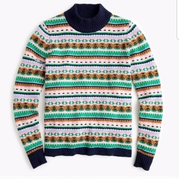 J. Crew Sweater Fair Isle Lambswool Mock Neck Knit Ribbed Pullover Holiday Small - Picture 11 of 11